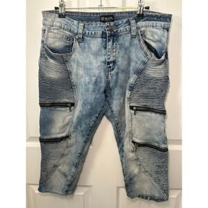 CJ Black Premium Moto Denim Capri Jeans Acid Wash Zippers Ribbed Panels 32 Y2K